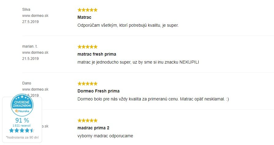 Recenzie zákazníkov na matrac Dormeo Fresh Prima II