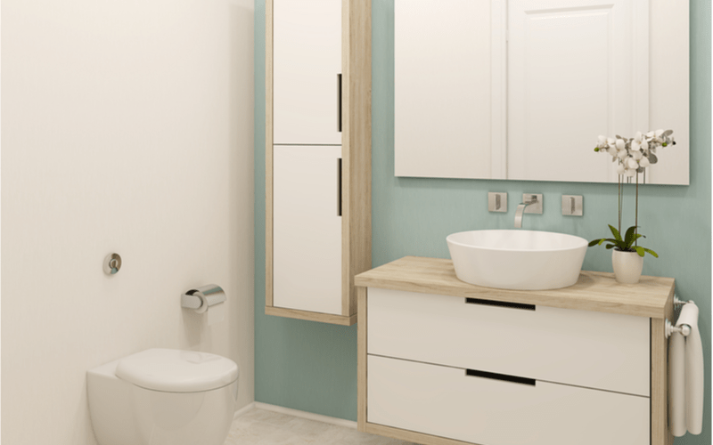 kúpeľňa so stenou mätovej farby s bielymi závesnými kúpeľňovými skrinkami