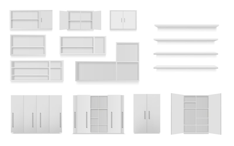 rôzne druhy bielych kuchynských skriniek na bielom pozadí