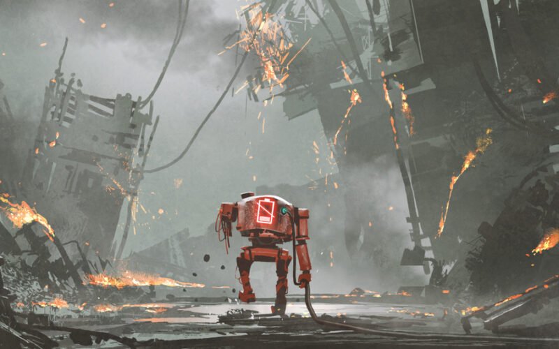 Ako oživiť li-ion batériu - rozbitý robot s vybitou batériou v zničenom meste, ilustračná maľba